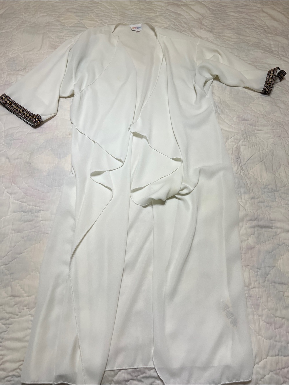 LuLaRoe White Kimono Robe with Embroidered Cuffs